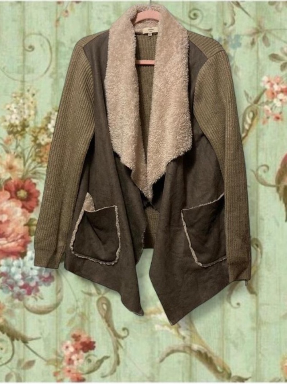Olive Green Tan Faux Shearling Drape Sherpa Cardigan